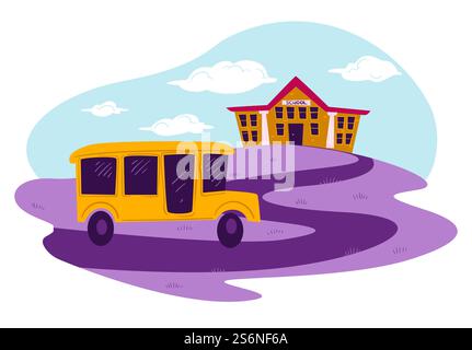 Scuola e scuolabus sul percorso. Gli alunni e gli studenti di auto guidano a lezioni e lezioni. Viaggio mattutino all'università o all'università, trasporto di veicoli per bambini in stile piatto. Scuolabus che percorre il percorso verso la costruzione del vettore Illustrazione Vettoriale