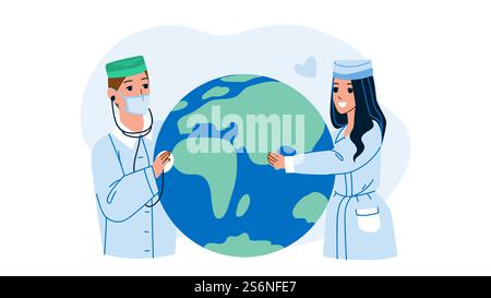 Giornata Mondiale della salute i medici celebrano Holiday Vector. Uomo e donna lavoratori ospedalieri che celebrano insieme la giornata Mondiale della salute. Personaggi Healthcare Job Celebration Flat Cartoon Illustration. Giornata Mondiale della salute i medici celebrano Holiday Vector Illustrazione Vettoriale