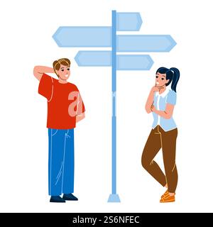 Coppia uomo e donna che scelgono Direction Vector. Il ragazzo e la ragazza premurosi guardano le frecce direzionali e scelgono la direzione. Illustrazione fumetto piatto percorso di ricerca caratteri. Coppia uomo e donna che scelgono Direction Vector Illustrazione Vettoriale