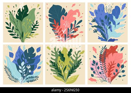 Design floreale e fogliame, foglie decorative e fiori fioriti. Ornamenti di ramoscelli e rami, erbe ed erbe aromatiche. Fiori Evergreen e foglie floreali. Vettore di piante domestiche in stile piatto. Flora e fogliame, fogliame vibrante e vettore di foglie Illustrazione Vettoriale