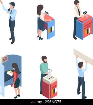 Voto isometrico. Persone politiche oratori reporter campagna di voto scelta politica carattere vettoriale. Carattere di voto isometrico, campagna pubblica, illustrazione del discorso politico candidato. Voto isometrico. Persone politiche oratori reporter campagna di voto scelta politica personaggi vettoriali Illustrazione Vettoriale