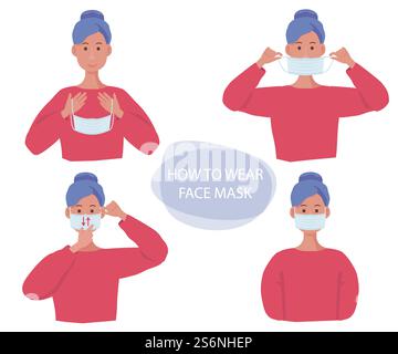 Maschera protettiva. Gesti umani come indossare maschera di influenza sulla salute del viso protezione delle infezioni vettore informazioni illustrazione. Protezione della maschera, protezione medica e prevenzione della covid-19 o dell’inquinamento. Maschera protettiva. Gesti umani come indossare maschera antinfluenzale sulla salute del viso protezione delle infezioni vettore informazioni illustrazioni Illustrazione Vettoriale