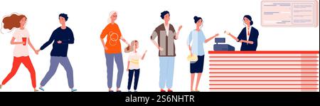 Lunga coda al cinema. Persone in attesa di fare la fila per comprare il biglietto per il film. Illustrazione vettoriale per adulti, ragazzi e bambini. Coda al cinema o fila di concerti di intrattenimento. Lunga coda al cinema. Persone in attesa di fare la fila per comprare il biglietto per il film. Illustrazione vettoriale per adulti, ragazzi e bambini Illustrazione Vettoriale