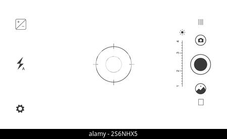 Messa a fuoco di fotocamera, fotografia e cinematografia. Schermo con impostazioni e segnali, opzioni per scattare foto. Videocamera e riprese, regolazione dell'esposizione e impostazione della composizione. Vettore in stile piatto. Messa a fuoco della fotocamera, fotografia e cinematografia Illustrazione Vettoriale