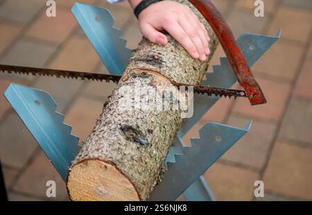 Dettagli di un sawhorse con tronco d'albero e sega a un matrimonio Foto Stock