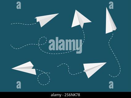 Aerei di carta volanti. Percorsi aerei, collezione vettoriale di velivoli bianchi. Origami dell'aereo, carta di volo dell'aviazione, illustrazione dell'aereo e dell'aereo. Aerei di carta volanti. Percorsi aerei, collezione vettoriale di velivoli bianchi Illustrazione Vettoriale