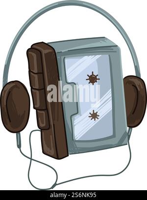 Lettore musicale con pulsanti e cuffie, cassetta vecchia scuola retrò con brani registrati. Ascolto di audio da audiotape, gadget anni '1980 e moderne tecnologie elettroniche. Vettore in stile piatto. Riproduttore di cassette retro con cuffia e riproduzione di musica Illustrazione Vettoriale