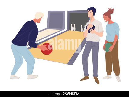 Le persone che giocano a bowling riposano e praticano abilità. Amici o colleghi riuniti per il team building. Personaggi allegri con palline. Torneo o competizione. Vettore in stile piatto. Amici che trascorrono del tempo nel bowling, attività divertenti Illustrazione Vettoriale