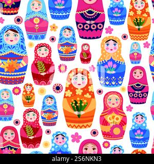 Bambola russa. Design tessile con decorazioni floreali russe autentiche su sfondo vettoriale dei giocattoli femminili senza cuciture. Illustrazione tradizionale della bambola babushka e matryoshka come souvenir. Bambola russa. Design tessile con decorazioni floreali russe autentiche su sfondo vettoriale dei giocattoli femminili senza cuciture Illustrazione Vettoriale