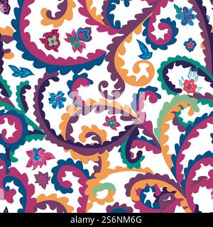 Fioritura astratta decorativa di fiori e piante, foglie di botanica e biodiversità. Sfondo o stampa psichedelica o insolita, utilizzata per tessuti o tessuti. Ripetizione senza cuciture, vettoriale in stile piatto. Motivo floreale astratto con foglie di piante Illustrazione Vettoriale