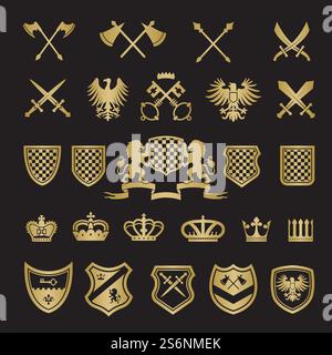Distintivi araldici. Forme stilizzate medievali spade scudi corone leoni e nastri cavalieri per progetti di design di etichette vettoriali. Illustrazione emblema antico, distintivo araldico vintage. Distintivi araldici. Forme stilizzate medievali spade scudi corone leoni e nastri cavalieri per progetti di design di etichette vettoriali Illustrazione Vettoriale