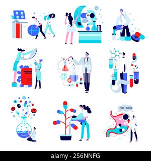 Persone che lavorano come specialisti nell'industria farmaceutica. Ricerche di laboratorio ed esperimenti per produrre nuove pillole e prodotti. Chimici professionisti in laboratorio con tubi e vettori di sostanze. Operatore farmaceutico professionale in laboratorio con vettore di pillole Illustrazione Vettoriale