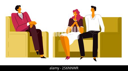 Coppia sul trattamento di psicologo, uomo e donna alla sessione di psichiatra. Consulenza e salute mentale, risoluzione dei problemi e lotte di relazione. Supporto da parte di un vettore specializzato in piano. Terapia allo psicologo, coppia che si occupa di problemi familiari Illustrazione Vettoriale