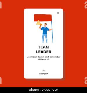 Vettore del processo di lavoro della gestione del team leader. Uomo Team leader con bandiera in mano, urla nell'altoparlante e gestione del lavoro di squadra in ufficio. Illustrazione di fumetti Flat Web per il raggiungimento degli obiettivi di carriera dei personaggi. Vettore del processo di lavoro della gestione del team leader Illustrazione Vettoriale