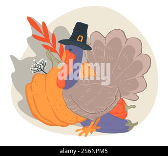 Zucca e tacchino simboli della festa del ringraziamento nella stagione autunnale. Verdure biologiche e animali maturi che indossano un cappello da pellegrino. Gratitudine e gratitudine in autunno, vettoriale in stile piatto. Giorno del Ringraziamento, festa autunnale, zucca e tacchino Illustrazione Vettoriale