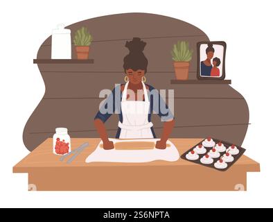 Donna che cuoce e cucina a casa in cucina. Carattere femminile che prepara biscotti, gustose ricette e dessert. Donna con mattarello e impasto, ciliegia in vaso e torte al forno. Vettore in stile piatto. Biscotti da forno di carattere femminile a casa in cucina Illustrazione Vettoriale