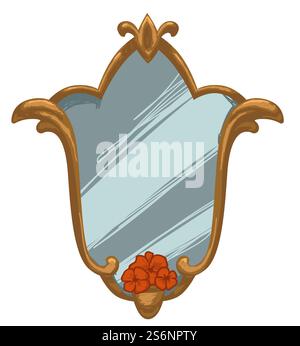 Cornice in legno con ornamenti e intagli decorativi, specchio vintage con fiori. Eleganza dei tempi passati e dell'epoca precedente. Vetro con riflesso, design di lusso per la casa. Vettore in stile piatto. Specchio vintage con telaio vettoriale ornamentale in legno Illustrazione Vettoriale