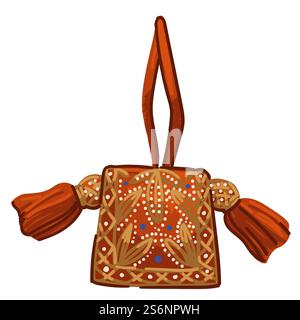 Accessorio da donna, borsa isolata in tessuto. Borsa vintage con ornamenti e gemme, abiti eleganti e retrò. Pochette femminili dal design trendy. Moda e vecchio esponente. Vettore in stile piatto. Borsa da donna antica o borsa con ornamenti vettoriali Illustrazione Vettoriale