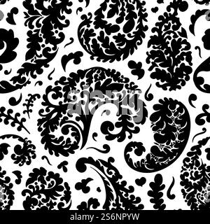 Flora e fogliame decorativi, foglie e vortici senza cuciture. Rami e fiorente stampa botanica isolata su bianco. Sfondo o tessuto, ornamenti di texture botanica vettoriali in stile piatto. Fogliame decorativo foglie e floreale senza cuciture vettoriale Illustrazione Vettoriale