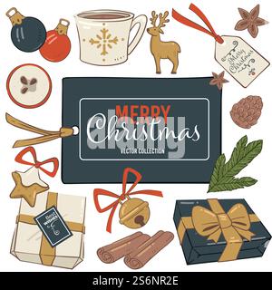 Elementi simbolici per le feste natalizie, regali con fiocco, campane decorative e desideri su carta. Tazza di tè o caffè, foglie di vischio, biscotti al pan di zenzero e biscottatura per l'arredamento. Vettore in piano. Buon Natale vacanze invernali celebrazione simboli e tradizioni Illustrazione Vettoriale