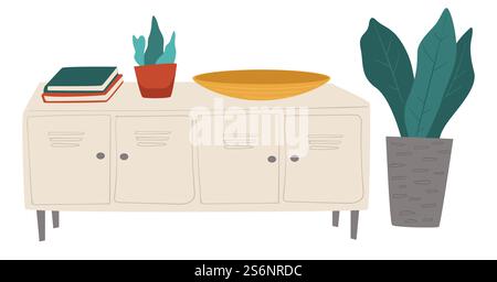 Banchi con piante decorative, flora e foglie in vasi. Tavolo o cassettiera con vaschetta decorativa o lavello. Interni in bagno o in cucina, un mucchio di libri sulla scrivania, vettoriale in stile piatto. Interni di bagno o cucina, piante e ripiani Illustrazione Vettoriale