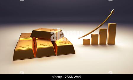 Barre d'oro impilate con una freccia rivolta verso l'alto su uno sfondo grigio, rendering 3D, concetto finanziario Foto Stock