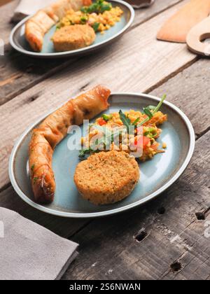 Gustoso Falafel con bulgur piccante e un rotolo di pasta vegetariano su un piatto di ceramica, tradizionale cibo caldo Foto Stock
