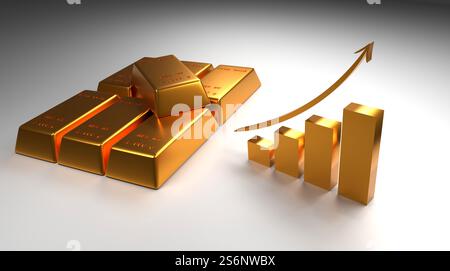 Barre d'oro impilate con una freccia rivolta verso l'alto su uno sfondo grigio, rendering 3D, concetto finanziario Foto Stock