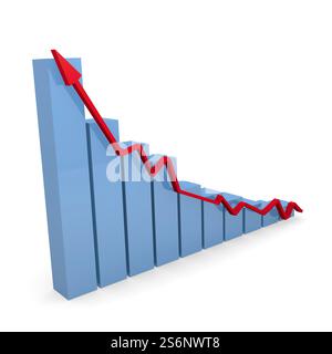Grafico di business in blu con una ripresa rosso freccia su uno sfondo bianco, rendering 3D Foto Stock