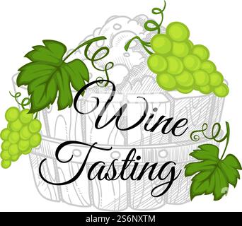 Degustazione di vino fermentato, degustazione di bevande alcoliche. Poster con uva e cestino con frutta raccolta. Raccolta e estrazione autunnali. Contorno di schizzo monocromatico, vettoriale in stile piatto. Degustazione di vini, degustazione di bevande fatte a mano Illustrazione Vettoriale