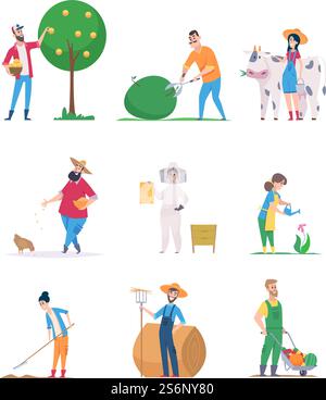 Giardinieri e agricoltori. I personaggi felici crescono le verdure i lavoratori dell'agricoltura le persone dei cartoni animati vettoriali. Illustrazione per l'agricoltura e la raccolta di giardinieri, l'agricoltura degli agricoltori. Giardinieri e agricoltori. I personaggi felici crescono le verdure i lavoratori dell'agricoltura le persone dei cartoni animati vettoriali Illustrazione Vettoriale