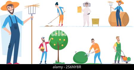 Personaggi contadini. Lavoratori agricoli persone etniche illustrazioni vettoriali cartone animato. Personaggio contadino lavoratore, uomo agricolo con forcone. Personaggi contadini. Lavoratori agricoli persone etniche illustrazioni vettoriali cartone animato Illustrazione Vettoriale