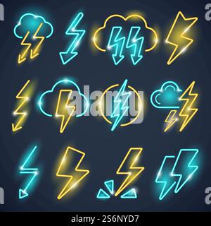 Fulmine al neon. I potenti simboli dei tuoni illuminano il set di colori vettoriali della collezione di fulmini. Illustrazione fulmini fulmini, luce elettrica a energia. Fulmine al neon. I potenti simboli dei tuoni illuminano il set di colori vettoriali della collezione di fulmini Illustrazione Vettoriale