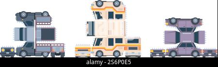 Macchine per colla di carta. Modellazione di veicoli prototipi di giocattoli auto artigianali per bambini raccolta di modelli vettoriali. Illustrazione incollare il modello del veicolo per creare l'assieme. Macchine per colla di carta. Modellazione di veicoli prototipi di giocattoli auto artigianali per bambini raccolta di modelli vettoriali Illustrazione Vettoriale