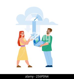 Uomo e ragazza che scaricano da Cloud Storage Vector. Gli utenti scaricano i file multimediali e la documentazione digitale dal cloud su laptop e smartphone dispositivo elettronico. Illustrazione dei caratteri del cartone animato piatto. Uomo e ragazza che scaricano da Cloud Storage Vector Illustrazione Vettoriale