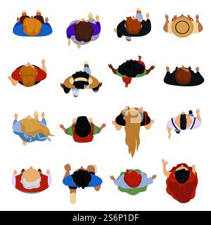 Personaggi maschili e femminili che camminano e passeggiano, vista dall'alto dei personaggi. Uomini e donne, bambini e adulti che indossano abiti casual. Persone affollate che si affrettano o si divertono a camminare. Vettore in stile piatto. Le persone che camminano si vedono dall'alto, uomini e donne Illustrazione Vettoriale