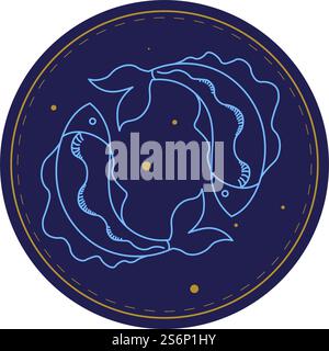 Simbolo a dodici oroscopi, segno astrologico dei pesci in linea d'arte minimalista. Forma circolare della costellazione di pesci. Zodiac e le future previsioni del carattere delle persone. Vettore in stile piatto. Segno astrologico dei pesci, simbolo di dodici oroscopi Illustrazione Vettoriale