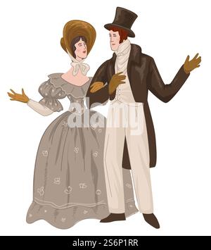 Uomo e donna vintage che indossano abiti tradizionali di romanticismo. Uomo con cappello e abito elegante, donna con abito e cappello. Moglie e marito camminano o passeggiano nei fine settimana. Vettore in stile piatto. Un paio di epocali romantici, un uomo e una donna vintage Illustrazione Vettoriale