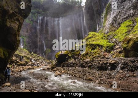 Giava, Indonesia, 3 ottobre 2024 sperimentate una vista mozzafiato delle meravigliose e serene cascate che scendono splendidamente in un fiume tranquillo, il tutto avvolto Foto Stock