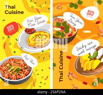 Cucina Asiatica Tailandese, piatti tradizionali serviti in piatti. Riso appiccicoso con mango, gomma tom yum e zuppa nel menu di caffetteria, ristorante o ristorante. Ricette a base di pesce e verdure. Vettore in stile piatto. Cucina tailandese, menu' con piatti esotici e nomi Illustrazione Vettoriale