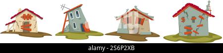 Edifici obsoleti e intemprati, vecchie costruzioni e capanne in cattive condizioni. Campagna e zona rurale, capanna con parti in legno e cemento, terreni agricoli rotti o capannoni. Vettore in stile piatto. Vecchi edifici, case rustiche d'epoca Illustrazione Vettoriale