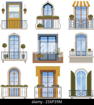 Arredamento con balcone. Facciata frontale a parete dell'edificio con moderne illustrazioni di architettura vettoriale del balcone. Balcone sulla facciata, decorazione dell'edificio con vista esterna. Arredamento con balcone. Facciata frontale a parete dell'edificio con moderne illustrazioni di architettura vettoriale del balcone Illustrazione Vettoriale