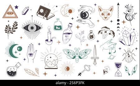 Occultismo e simboli mistici, occhio e triangolo isolati, erbe e libri di magia, pozioni e animali. Spiritualità o religione, etichette ed emblemi in arte minimalista e sketch. Vettore in stile piatto. Simboli mistici e segni occulti della saggezza vettoriale Illustrazione Vettoriale