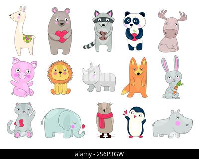 Animali disegnati. Simpatica illustrazione di divertenti animali selvatici orsacchiotto, coccodrillo, set vettoriale per bambini. Illustrazione animaletto, leone felice e panda, coniglio e ippopotamo. Animali disegnati. Simpatica illustrazione di divertenti animali selvatici orsacchiotto, coccodrillo, set vettoriale per bambini Illustrazione Vettoriale