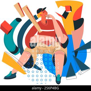 Pensiero e angosciante personaggio maschile seduto da forme e forme astratte. composizione geometrica con cornici e cerchi, ritratto dell'uomo che indossa un cappello. Immagine vettoriale in stile piatto. Collage astratto con il carattere maschile pensante Illustrazione Vettoriale