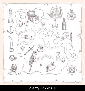 Simboli dei pirati. Antica mappa di tesori navi marine medievali e armi antiche creature oceaniche oggetti nautici vettoriali. Mappa a pergamena, cartografia antica vintage, tesoro e antichità. Simboli dei pirati. Antica mappa di tesori navi marine medievali e armi antiche creature oceaniche oggetti nautici vettoriali Illustrazione Vettoriale