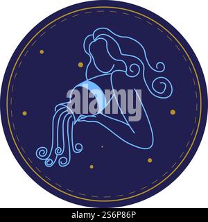 Simbolo dell'oroscopo in cerchio isolato aquarius segno astrologico del portatore d'acqua con caraffa. Costellazione e mitologia, tratti esoterici e personali del carattere delle persone nate in inverno. Vettore in piano. Segno astrologico dell'acquario, simboli dell'oroscopo Illustrazione Vettoriale