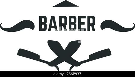 Logo del barbiere, vintage o retrò. Silhouette isolata di iscrizioni, baffi e rasoi affilati per rifinire e tagliare i capelli. Etichetta o striscione, emblema o logotipo. Vettore in stile piatto. Logotipo barbiere vintage, baffi con rasoi Illustrazione Vettoriale