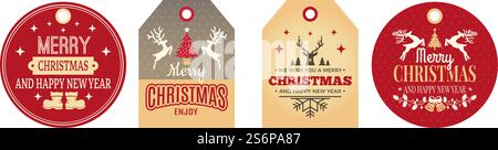 Cartellini natalizi. Etichette per le feste, badge per le feste per abiti, carte regalo, set vettoriale. Etichettare le festività natalizie per festeggiare o fare un regalo. Cartellini natalizi. Etichette per le feste, badge per le feste per abiti, carte regalo, set vettoriale Illustrazione Vettoriale