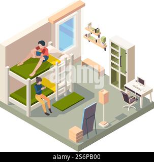 Interno della camera dell'ostello. Camera da letto in un'architettura d'hotel, stanza di riposo per gli studenti contemporanea residenziale vettoriale isometrica. Ostello interno per viaggiare, appartamento confortevole spazio illustrazione. Interno della camera dell'ostello. Camera da letto in un'architettura d'hotel, stanza di riposo per gli studenti contemporanea residenziale vettoriale isometrica Illustrazione Vettoriale